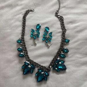 Teal Crystal Statement Necklace & Earrings Set